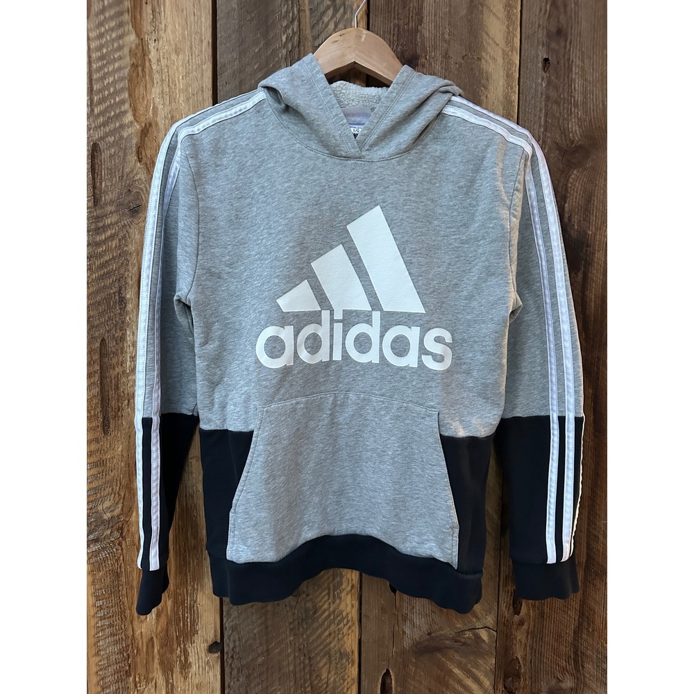Adidas Hoodie Youth L Gray Black Colorblock Pullover Sweatshirt Logo Athleisure